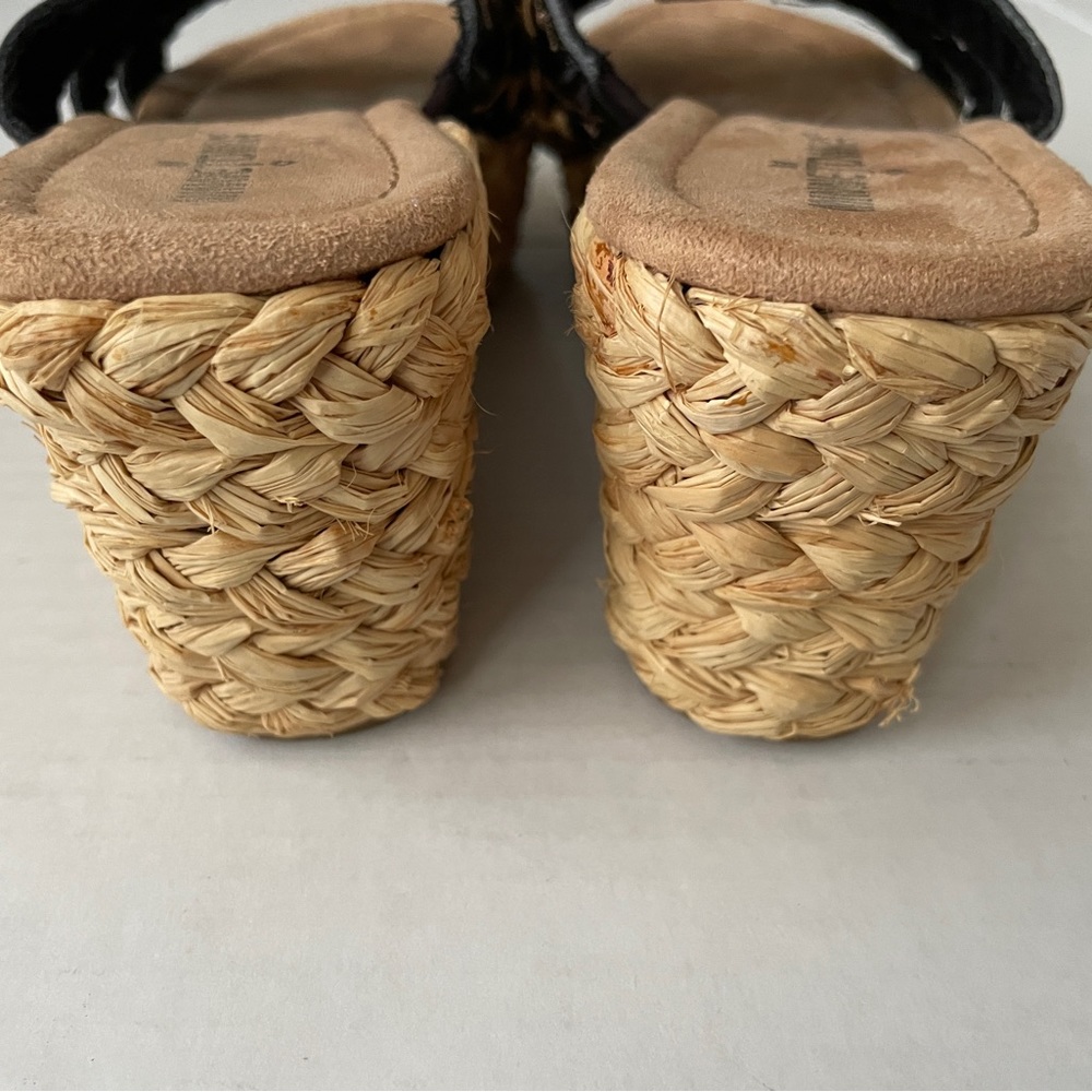 Minnetonka Black Leather Strappy Sandals Braided Natural Wedge Heel Womens Sz 9 - Picture 6 of 9